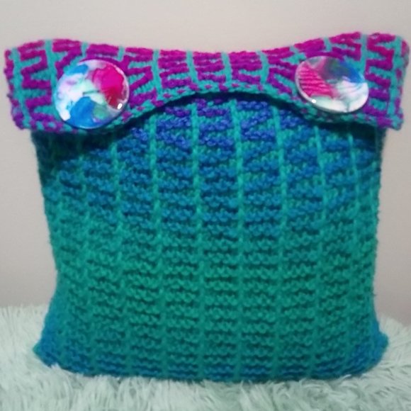 Hand Crafted Knit Throw Pillow Cerulean Blue Magenta Turquoise Green Painte… - Picture 1 of 6